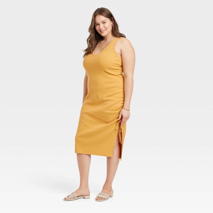 Women's Plus Size Sleeveless Ruched Knit Dress - A New Day Yellow