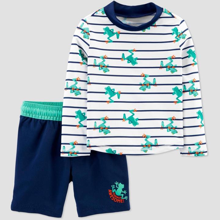 Toddler Boys' Frog Stripe Swim Rash Guard Set - Just One You Made By Carter's Blue 12m, Toddler Boy's