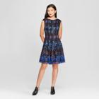 Women's Floral Print Lace Fit And Flare Dress - Melonie T - Navy
