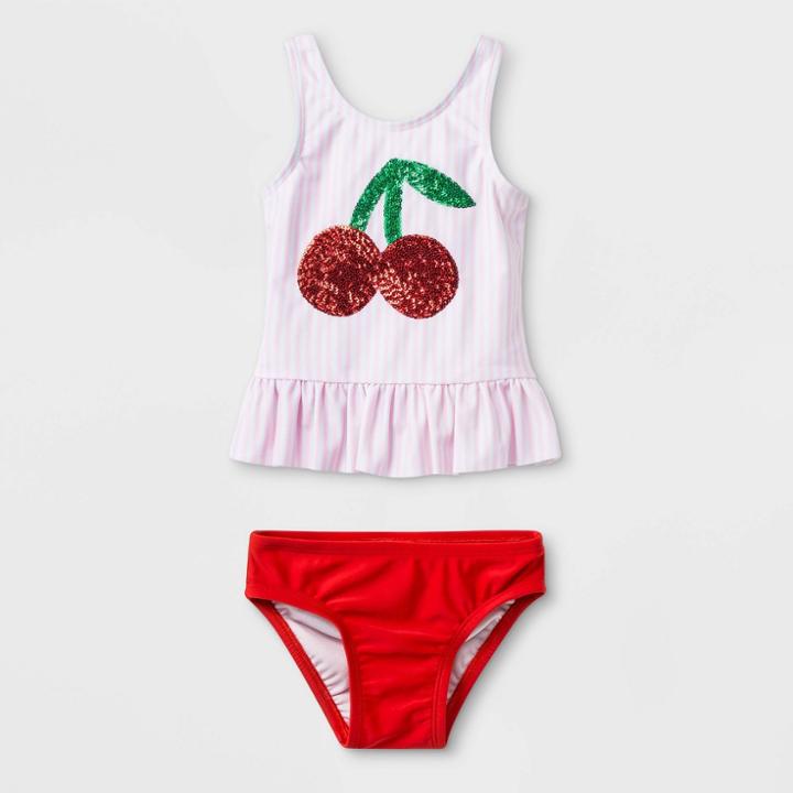 Baby Girls' Cherry Sequin Tankini - Cat & Jack Pink 12m, Girl's, Red/pink
