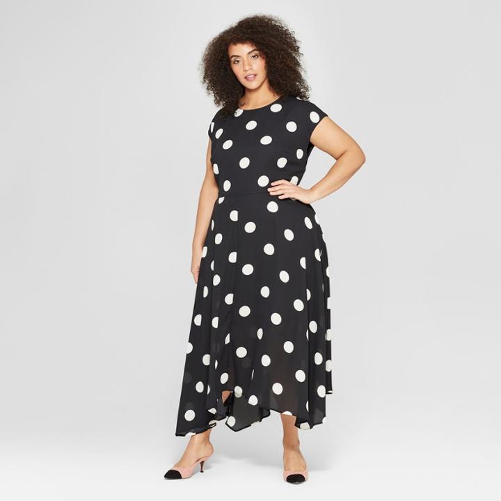 Women's Plus Size Polka Dot Cap Sleeve Asymmetric Hem Midi Dress - Who What Wear Black/white