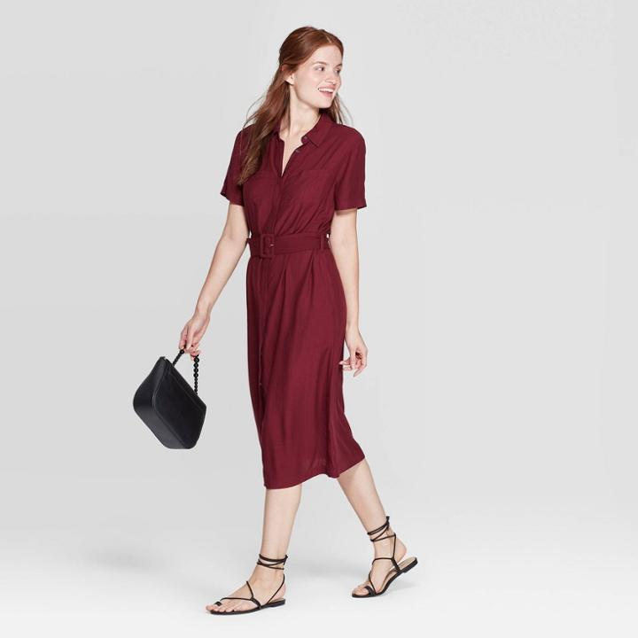 Women's Short Sleeve Collared Midi Shirtdress - A New Day Burgundy