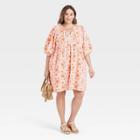 Women's Plus Size Floral Print Puff Elbow Sleeve Babydoll Dress - Universal Thread Cream