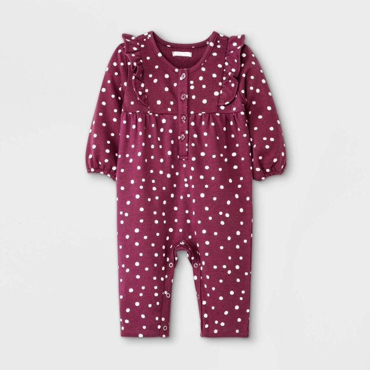 Grayson Mini Baby Girls' Plum Dot Ruffle Long Sleeve Romper - Purple