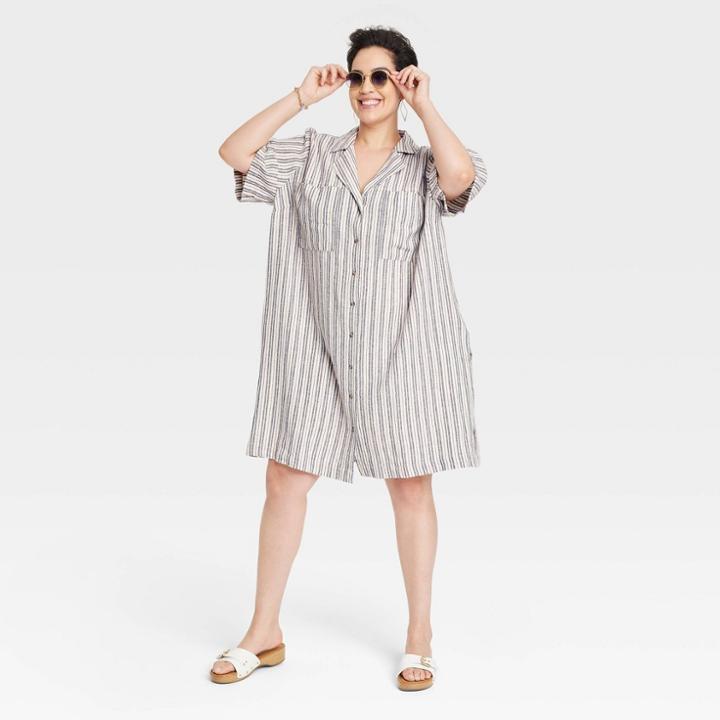 Women's Plus Size Short Sleeve Button-front Shirtdress - Universal Thread Cream Striped 1x, Ivory
