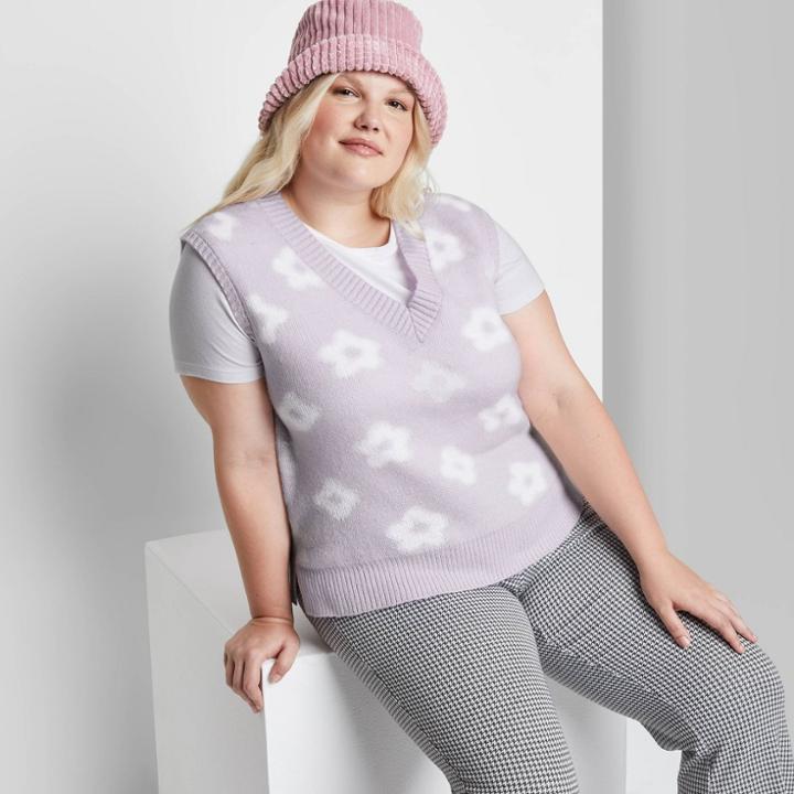 Women's Plus Size V-neck Printed Sweater Vest - Wild Fable Lavender Floral 1x, Purple Floral