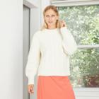 Women's Bishop Sleeve Crewneck Cable Stitch Pullover Sweater - A New Day Cream