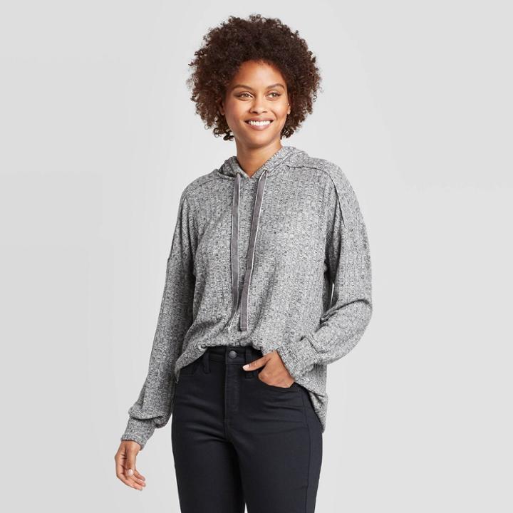 Women's Long Sleeve Rib-knit Hoodie Sweatshirt - Knox Rose Gray