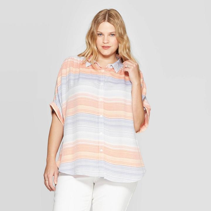 Women's Plus Size Striped Short Sleeve Collared Button-down Shirt - Universal Thread 3x,