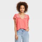 Women's Flutter Short Sleeve Embroidered Top - Knox Rose Coral Pink