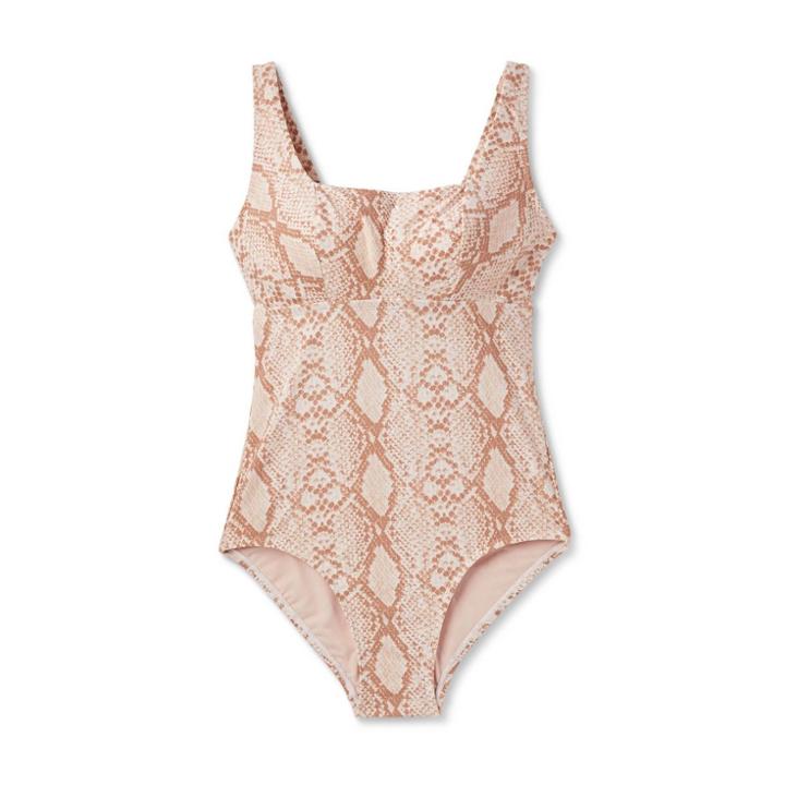 Women's Post Mastectomy Square Neck High Coverage One Piece Swimsuit - Kona Sol Snake Print