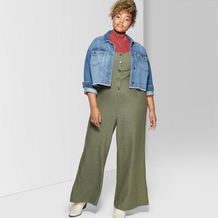 Plus Size Women's Strappy Button Front Tie Back Jumpsuit Plus - Wild Fable Olive (green)