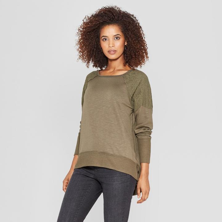 Women's Long Sleeve Scoop Neck Lace Trim Sweatshirt - Knox Rose Olive (green)