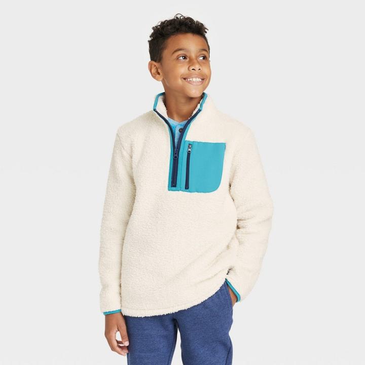 Boys' Faux Shearling Fleece Quarter Zip Mock Neck Sweatshirt - Cat & Jack White