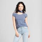 Women's Short Sleeve Shoulder Yoke Burnout Wash T-shirt - Almost Famous (juniors') Blue