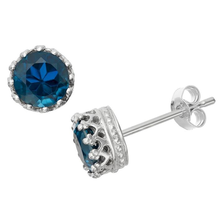 Tiara 6mm Round-cut London Blue Topaz Crown Earrings In Sterling Silver, Girl's, London Blue Topaz/silver