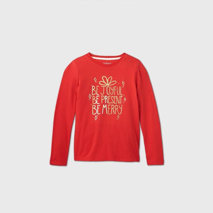 Girls' Long Sleeve 'be Joyful' Christmas Graphic T-shirt - Cat & Jack Red