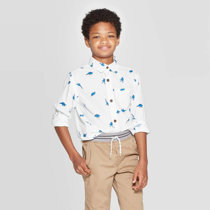 Boys' Dinosaur Long Sleeve Button-down Shirt - Cat & Jack Almond Xxl Husky, White
