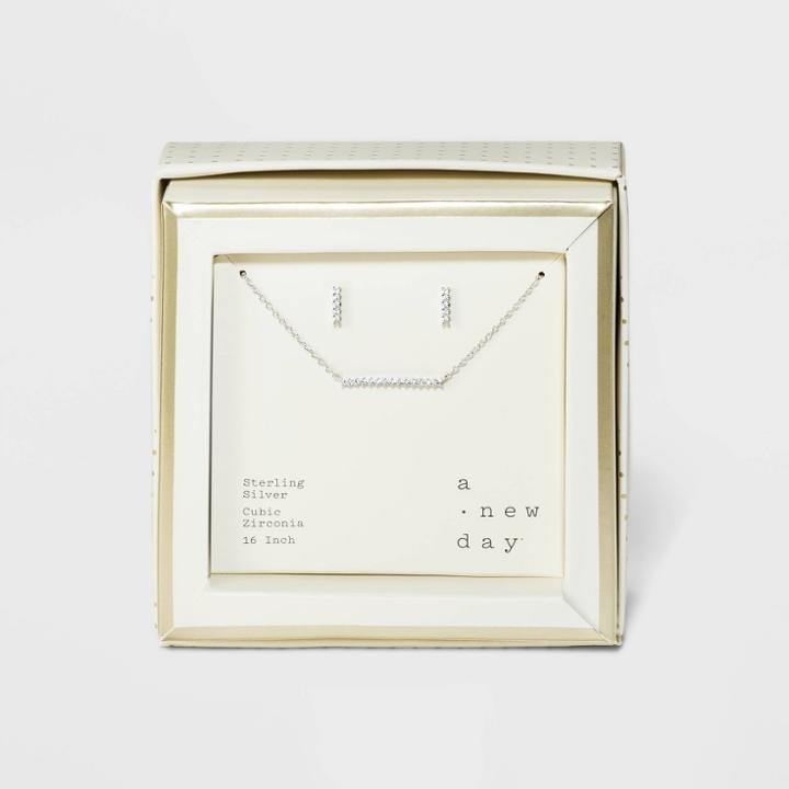 Sterling Silver With Cubic Zirconia Bar Necklace And Earring Set - A New Day Silver, Women's
