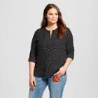 Women's Plus Size Long Sleeve Collarless Button-up Blouse - Who What Wear Black Polka Dot