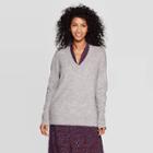 Women's Long Sleeve V-neck Pullover Sweater - A New Day Light Gray M,