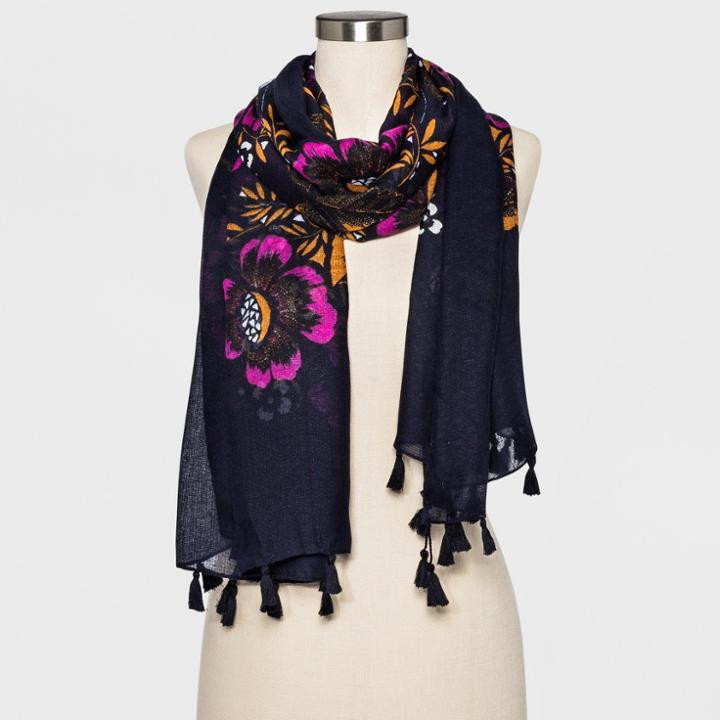 Women's Floral Print Oblong Scarf - A New Day Navy (blue)