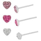 Target Girls' Sterling Silver 3 Pr-crystal Heart Stud Earring Set-pink/white/fuchsia