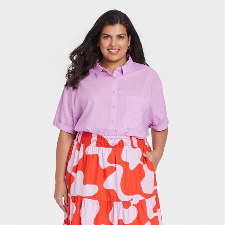 Women's Plus Size Short Sleeve Button-down Shirt - Ava & Viv Lavender X, Purple