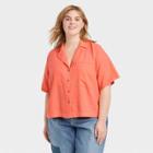 Women's Plus Size Short Sleeve Button-down Shirt - Universal Thread Coral Red