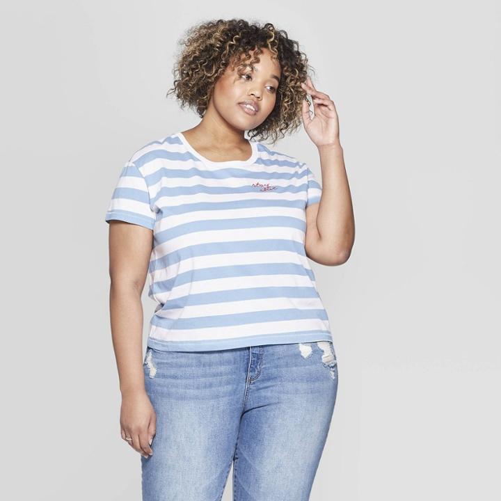 Women's Plus Size Striped Short Sleeve Stay Chic T-shirt - Fifth Sun (juniors') - White/blue