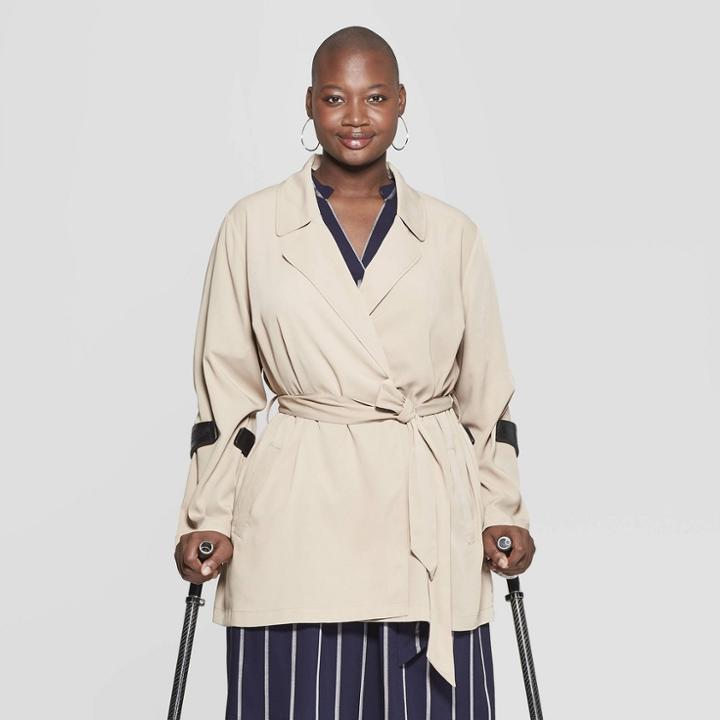 Women's Plus Size Drapey Trench Coat - Ava & Viv Tan