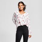 Women's Long Sleeve Floral Ruffle Trim Blouse - K By Kersh White