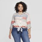 Women's Plus Size Striped Long Sleeve V-neck Button Front Shirt - Universal Thread Blue 3x,