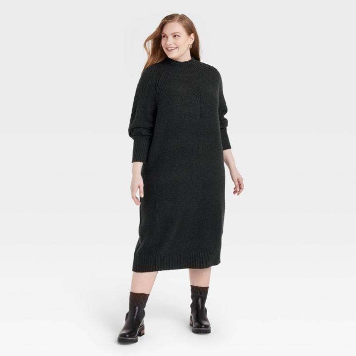Women's Plus Size Balloon Long Sleeve Cable Sweater Dress - Universal Thread Charcoal Gray