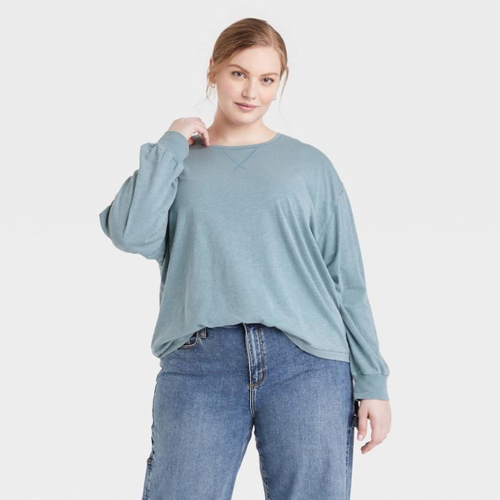 Women's Plus Size Long Sleeve Boxy T-shirt - Universal Thread Light Teal