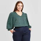 Women's Plus Size Printed Bishop Long Sleeve Top - A New Day Green