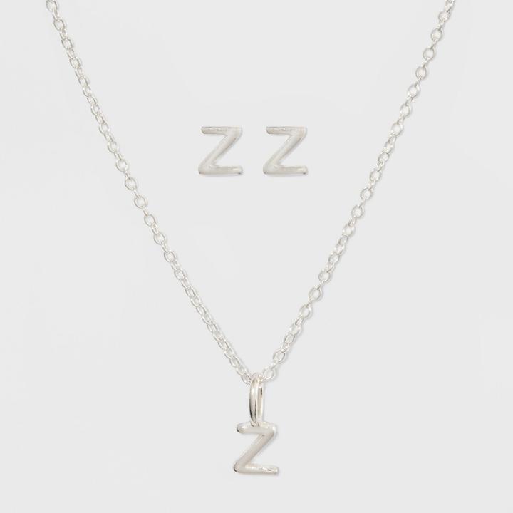 Sterling Silver Initial Z Earrings And Necklace Set - A New Day Silver, Girl's,