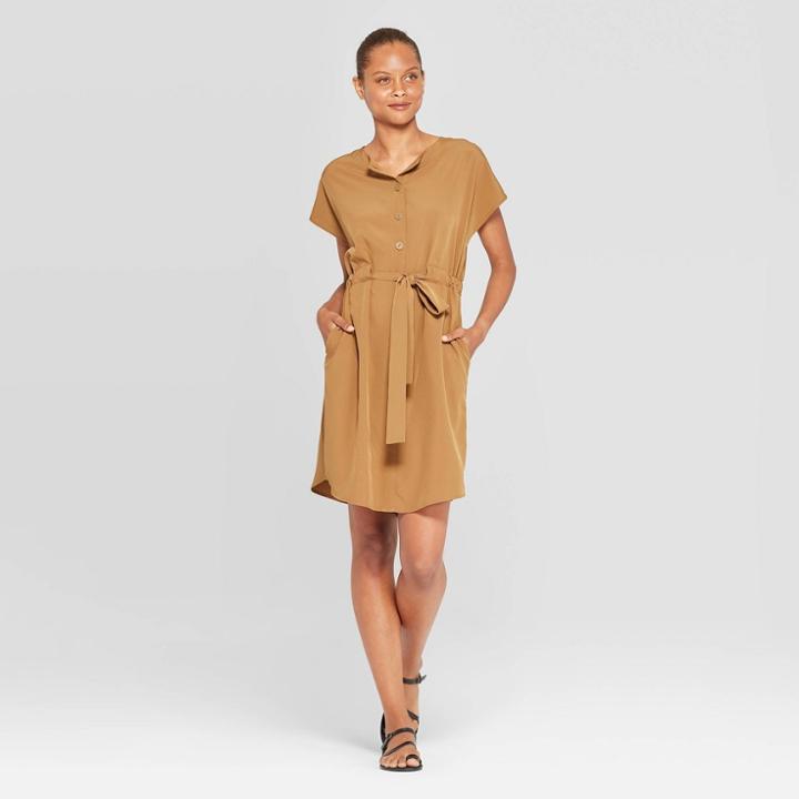 Target Women's Short Sleeve Crewneck Front Button-down Jewel Neck Shift Dress - Prologue Brown