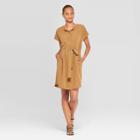 Target Women's Short Sleeve Crewneck Front Button-down Jewel Neck Shift Dress - Prologue Brown