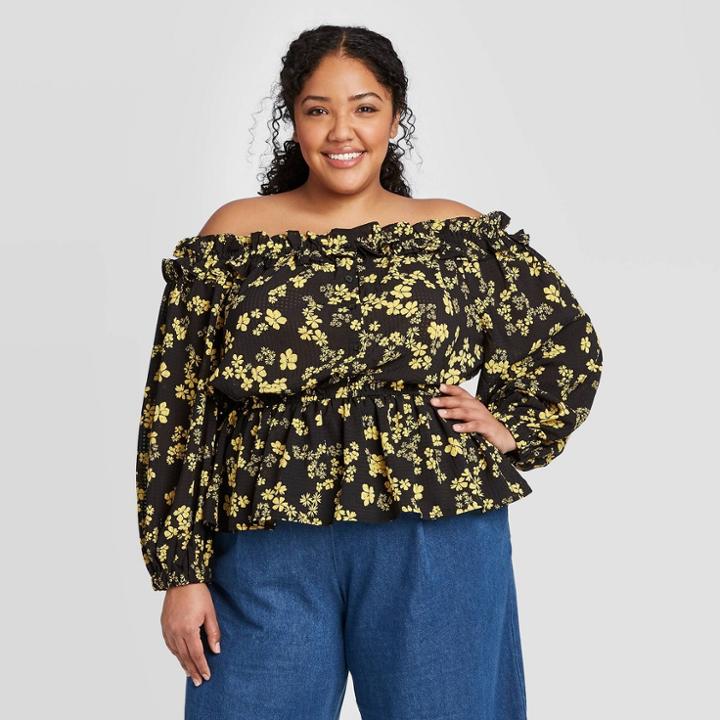 Women's Plus Size Floral Print Long Sleeve Blouse - Who What Wear Black 1x, Women's,