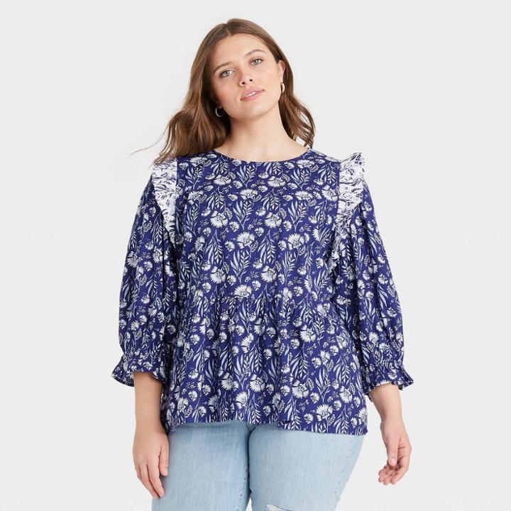 Women's Plus Size Floral Print Puff 3/4 Sleeve Embroidered Ruffle Top - Universal Thread Blue