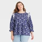 Women's Plus Size Floral Print Puff 3/4 Sleeve Embroidered Ruffle Top - Universal Thread Blue