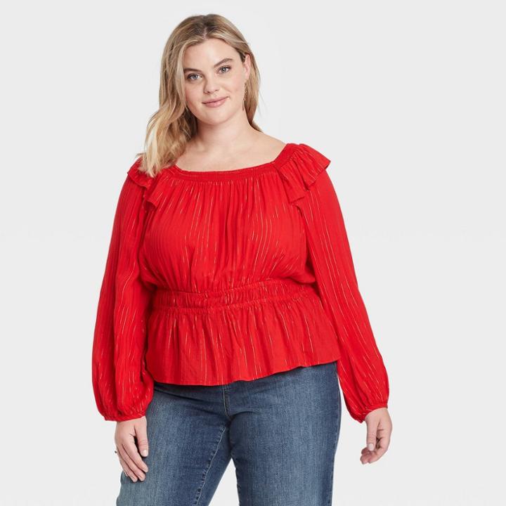 Women's Plus Size Balloon Long Sleeve Peplum Blouse - Universal Thread Red