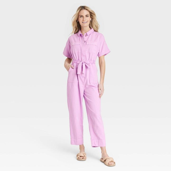 Women's Short Sleeve Button-front Boilersuit - Universal Thread Pink