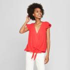 Eclair Women's Short Flutter Sleeve Tie Front Blouse - Clair Red