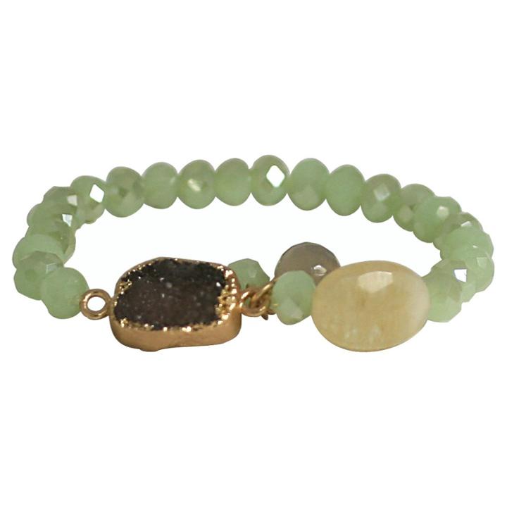 Zirconmania Zirconite Semi-precious Roundel Beads Stretch Bracelet With Genuine Druzy Stone - Green,