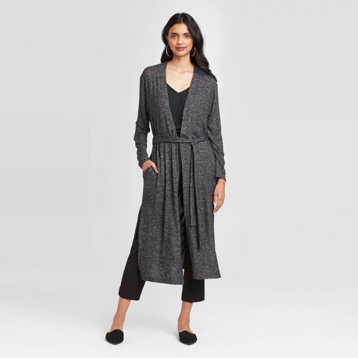 Women's Long Sleeve Open Neck Belted Duster Cardigan - A New Day Dark Gray S, Women's,