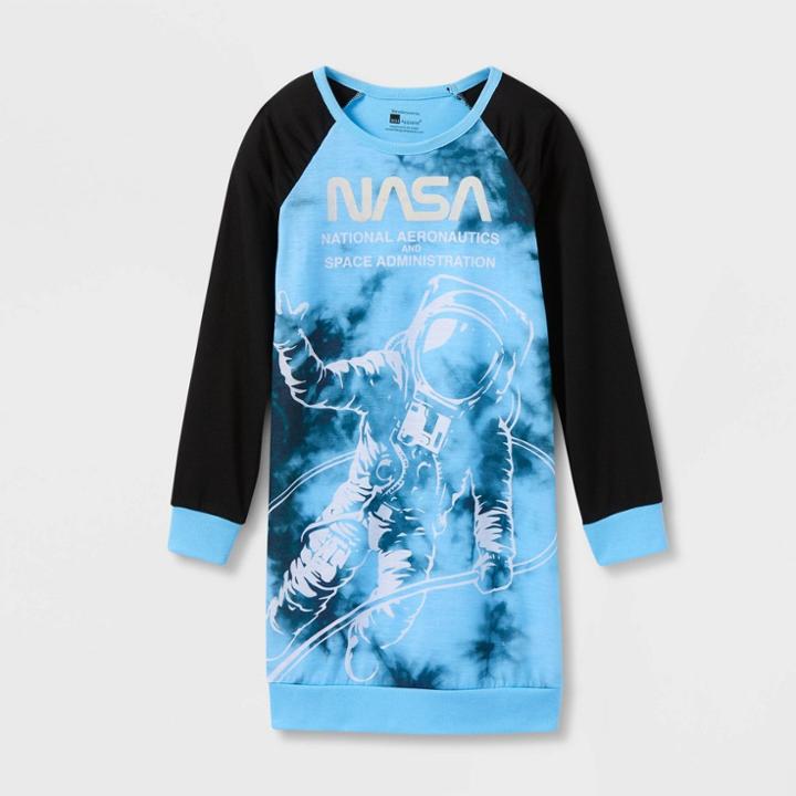 Girls' Nasa Long Sleeve Nightgown - Black/blue