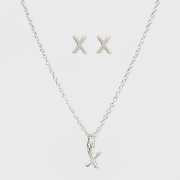 Sterling Silver Initial X Earrings And Necklace Set - A New Day Silver, Girl's,