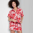 Women's Ascot + Hart Tropical Print Woven Short Sleeve Button-down Top - Red